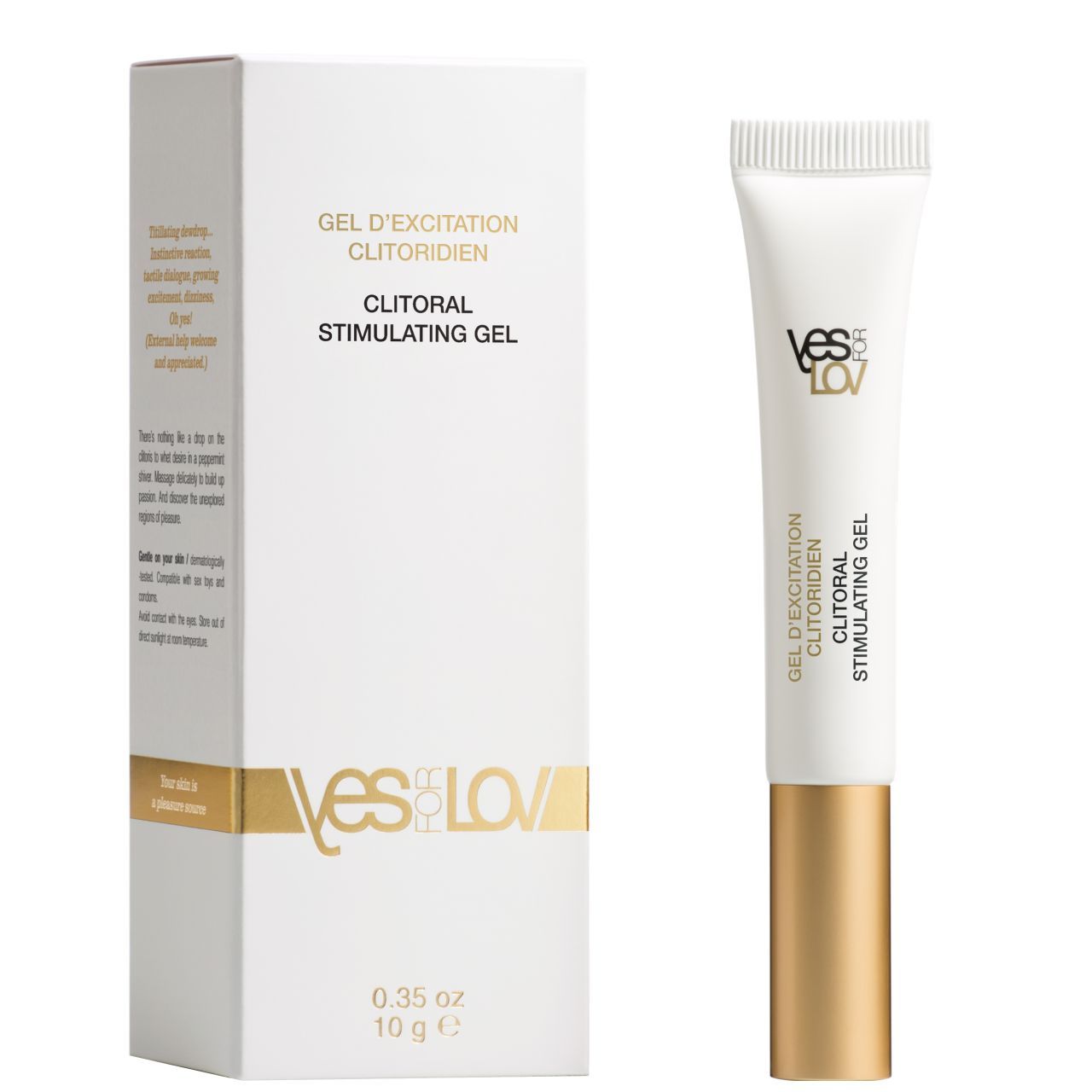 Produktverpackung und Tube. Weiße Verpackung mit Text und Logo. Tube mit goldenem Boden und YESforLOV Logo.