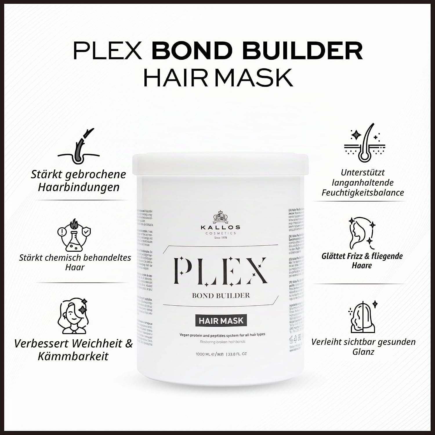 Kallos Plex Bond Builder Haarkur mit Icons für Stärkung und Glanz.