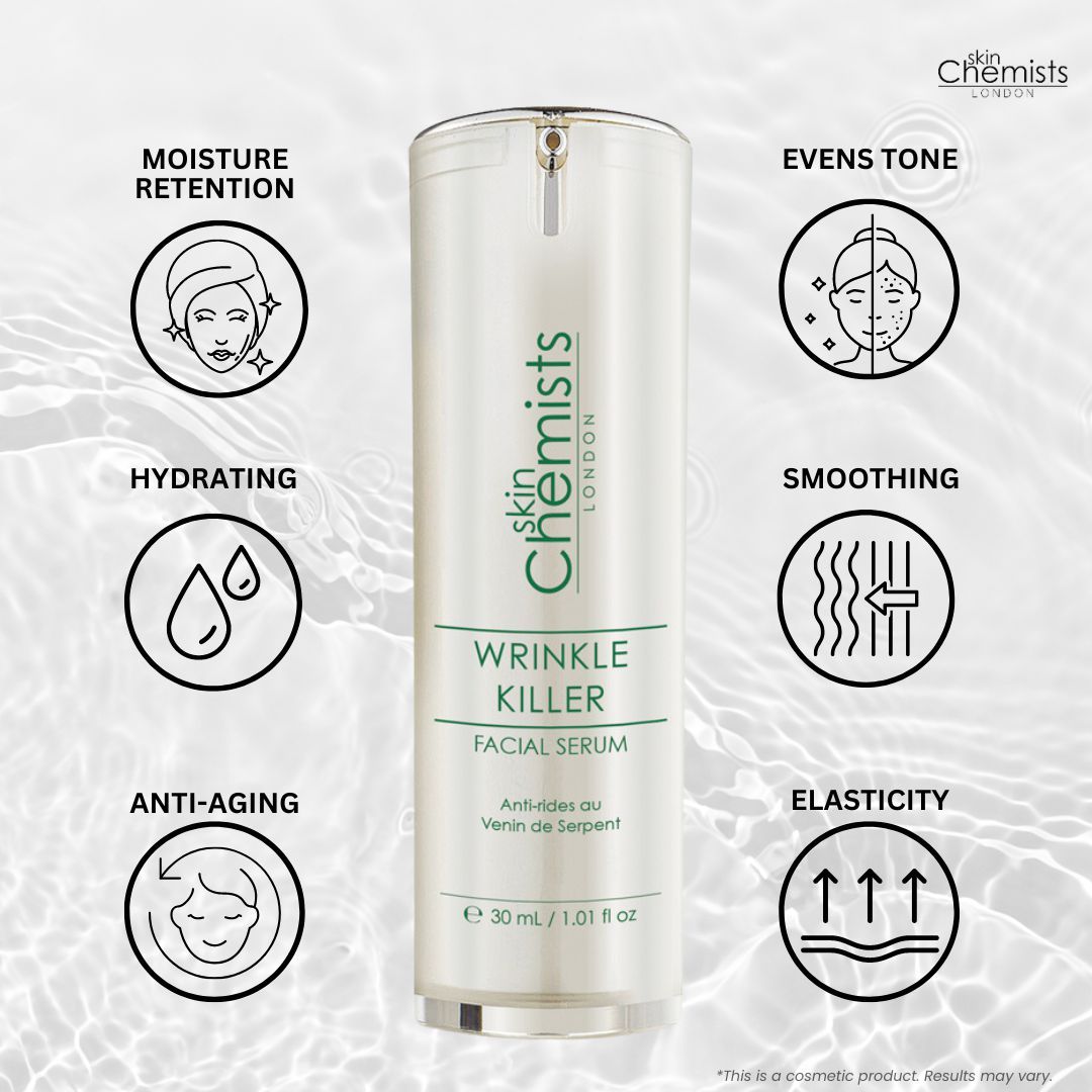 Serumflasche mit Icons. Aufschrift: skinChemists, Wrinkle Killer Facial Serum. Enthält 30 ml. Icons für Feuchtigkeit, Anti-Aging, etc.
