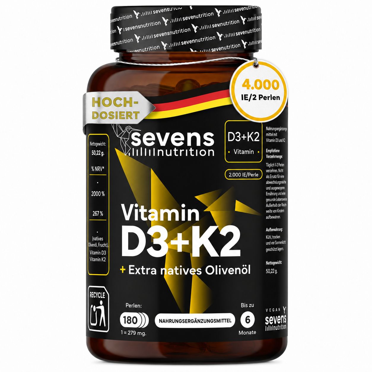 Braune Flasche mit Kapseln. Aufschrift: Vitamin D3+K2. Text: 4.000 IE/Perle. 180 Kapseln.