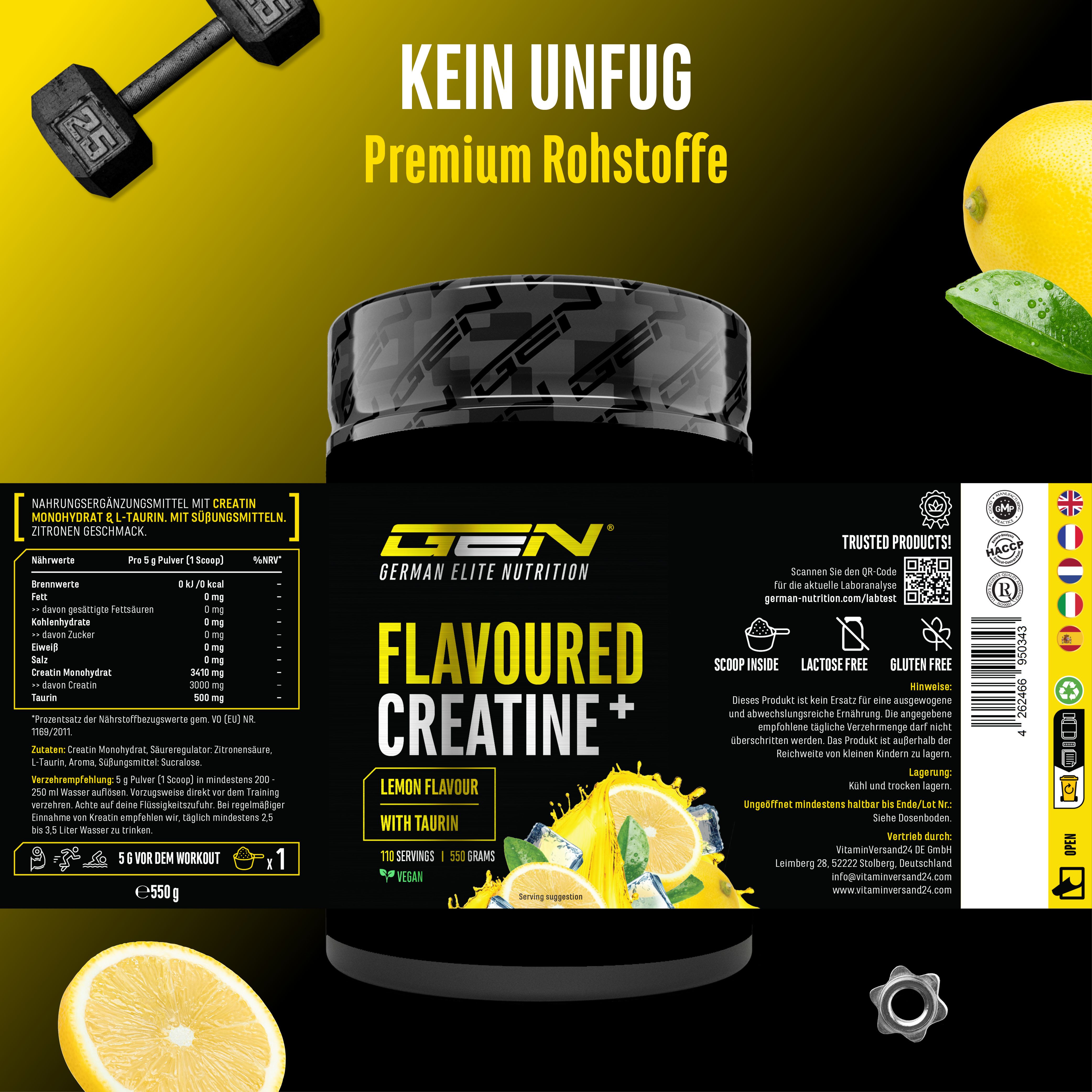 Dose "FLAVOURED CREATINE+" mit Etikett. Text: 110 Portionen, 550g, Inhaltsstoffe, Nährwertangaben, Zertifizierungen, Scoop, laktosefrei, glutenfrei.