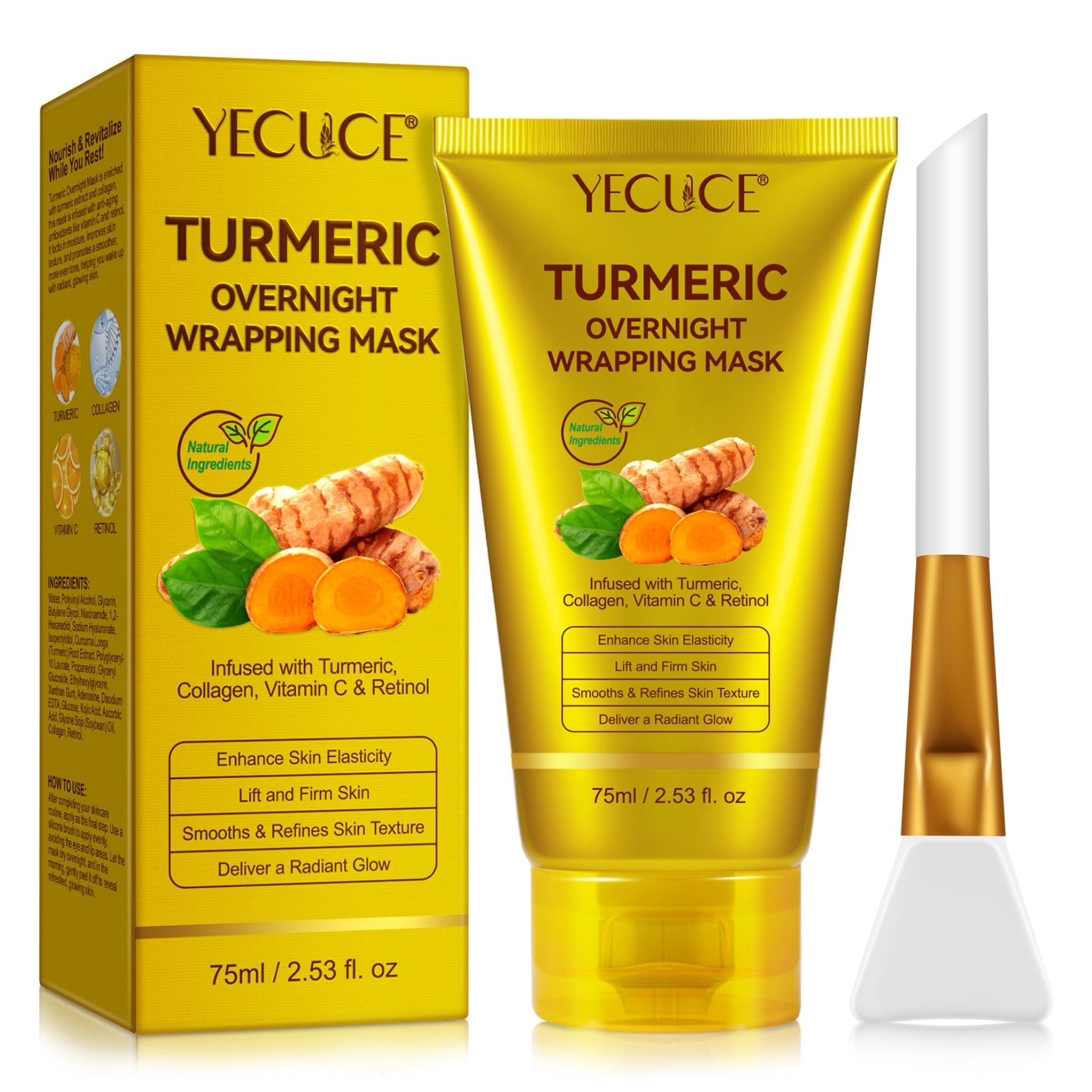 Gelbe Tube und Schachtel mit Produktnamen und Inhaltsstoffen. Enthält einen Spatel.