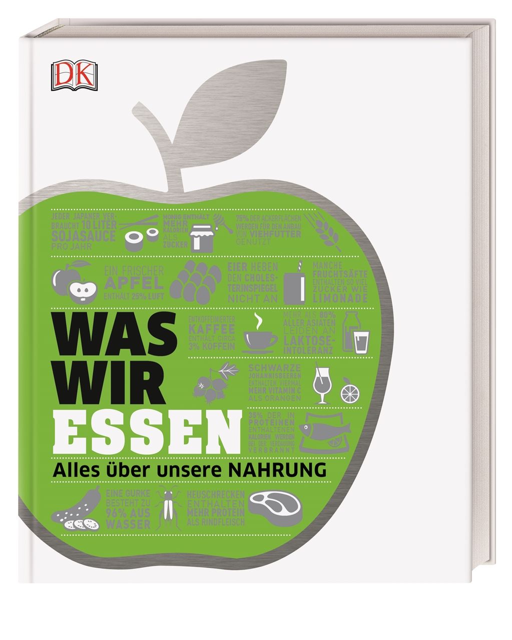 Buch mit dem Titel "Was wir essen". Auf dem Cover ein grüner Apfel mit Illustrationen und Text. Das DK-Logo ist oben links.