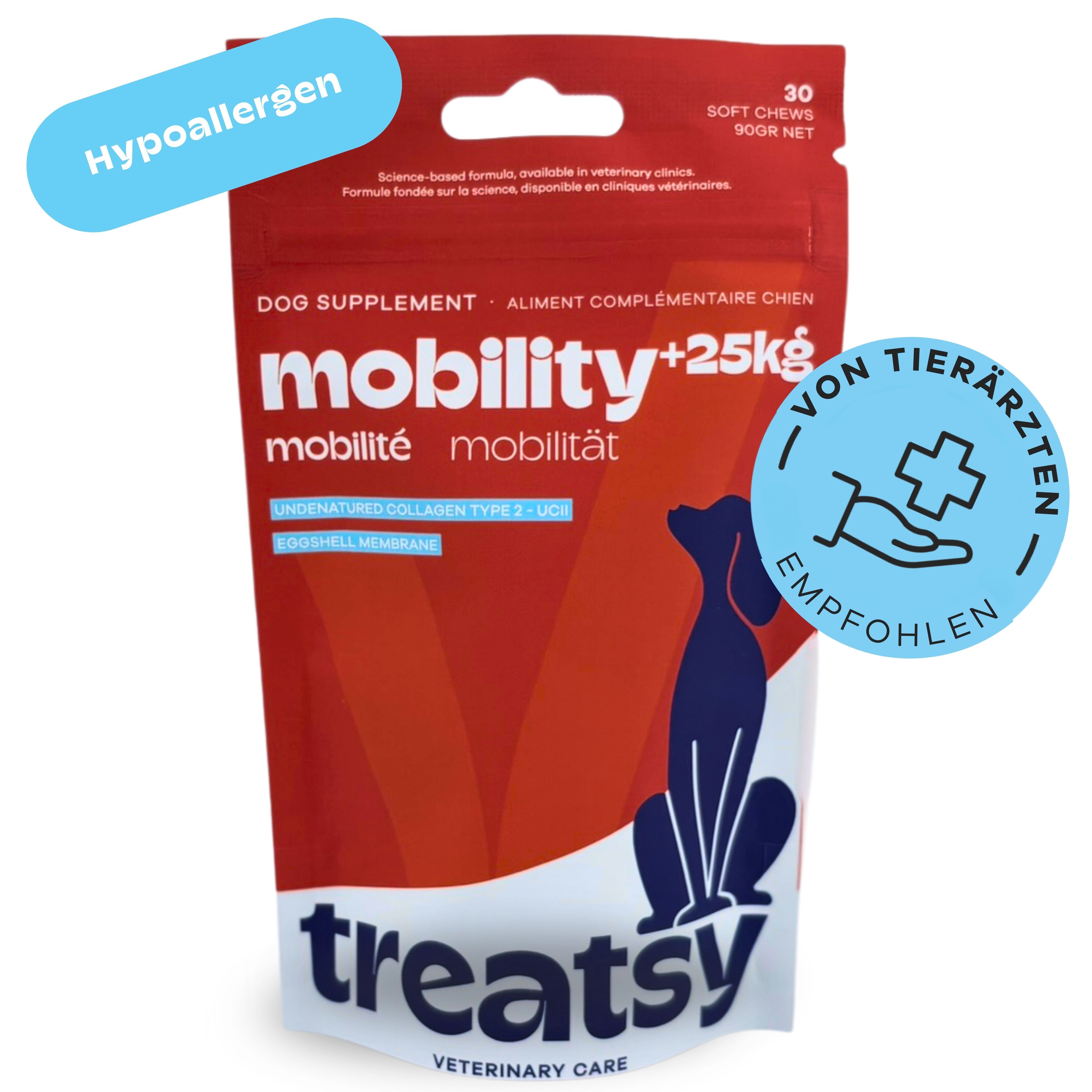 Rote Tüte mit Hundefutterzusatz 'mobility+25kg'. Enthält 30 Soft Chews. Hypoallergen und von Tierärzten empfohlen.