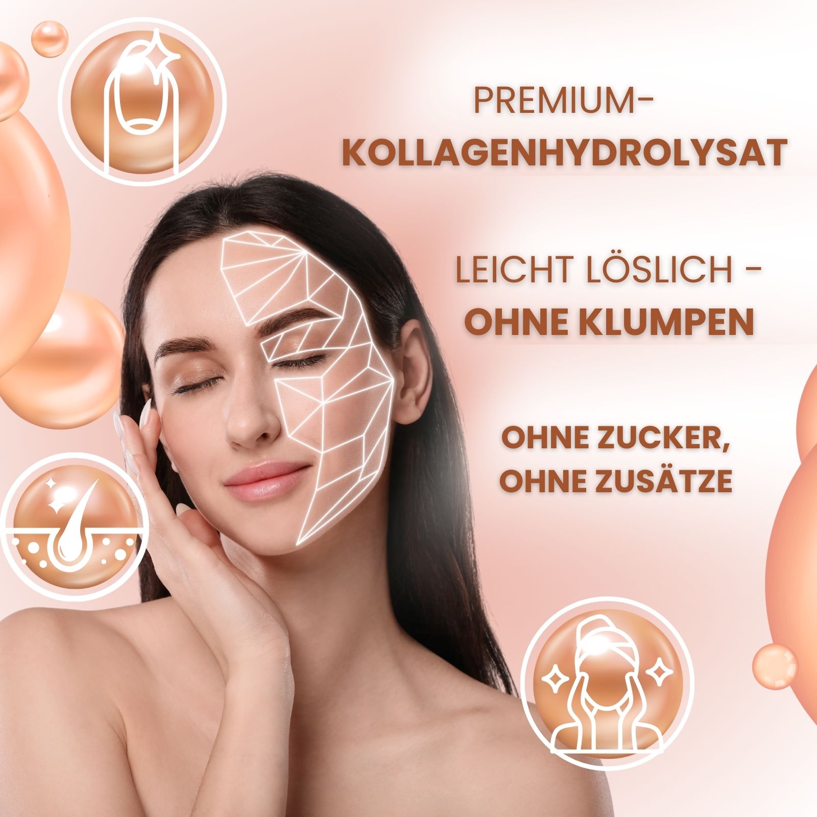 Frau mit Gesichtsanalyse-Grafik. Premium-Kollagenhydrolysat. Leicht löslich, ohne Klumpen. Ohne Zucker, ohne Zusätze.