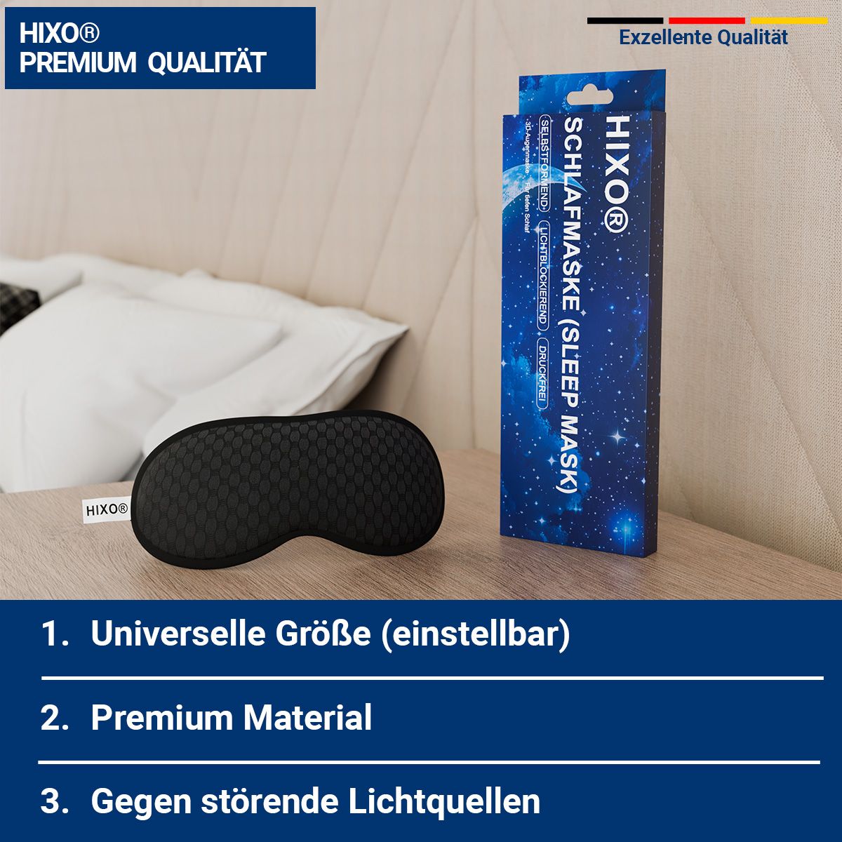 Schlafmaske, schwarz. Text: Premium Qualität, universelle Größe, Premium Material, gegen störende Lichtquellen. Verpackung mit Marke HIXO.