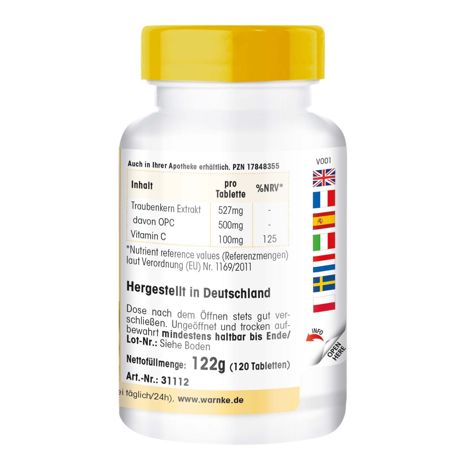 Rückseite der Tablettenflasche. Text: Inhalt, Nennfüllmenge 122g (120 Tabletten), Hergestellt in Deutschland. Gelber Deckel. Flaggen.