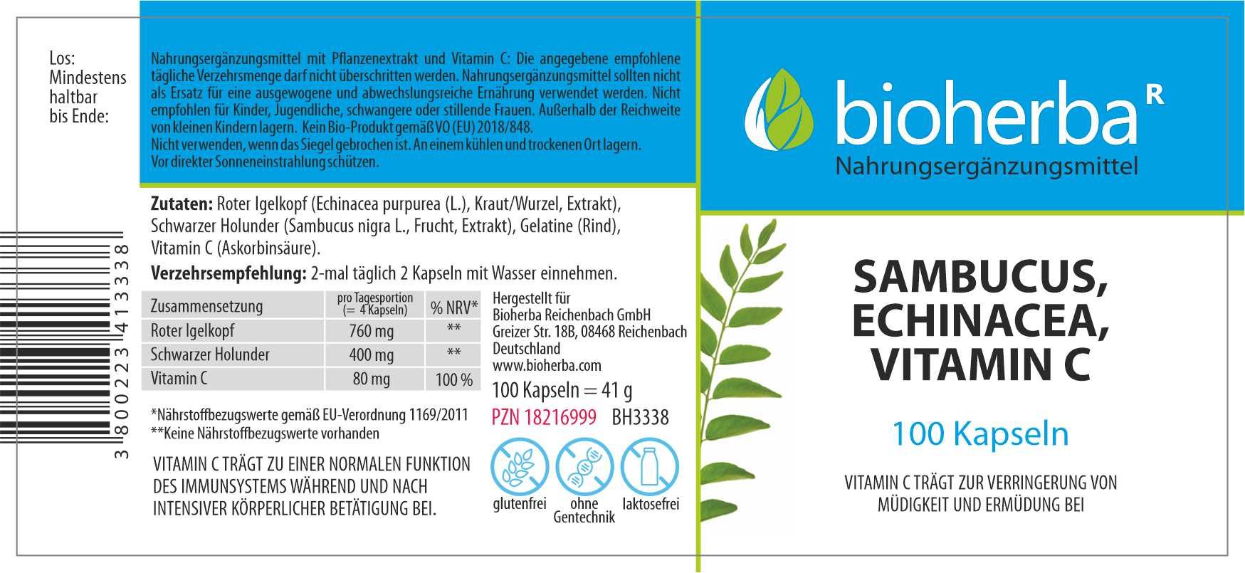 Etikett mit Produktinformationen. Bioherba Sambucus, Echinacea, Vitamin C. Zutatenliste, Dosierung, Nährwertangaben.
