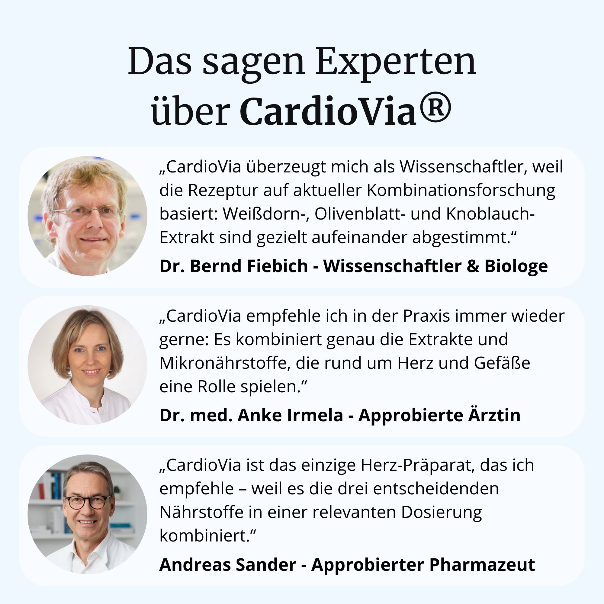 Porträts von Experten mit Zitaten über CardioVia®.