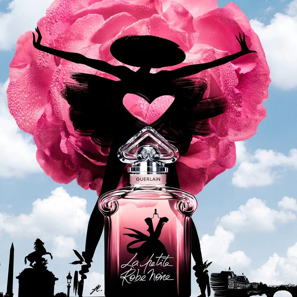 Parfümflakon mit Aufdruck, Silhouette, Rose und Schriftzug La petite Robe Noire. Marke Guerlain.