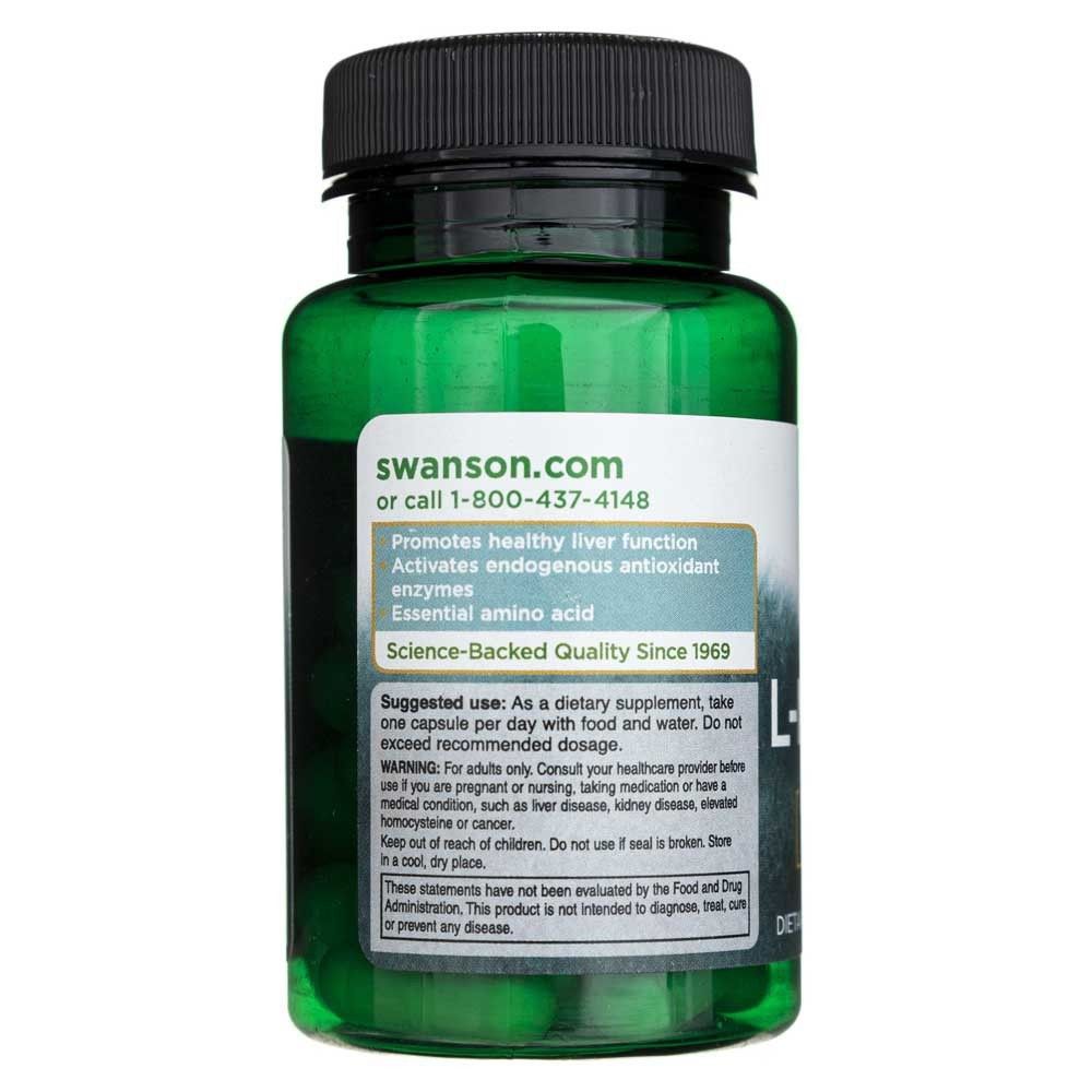 Rückseite einer grünen Flasche mit Swanson L-Methionin, Swanson.com, Anwendungsrichtlinien und Qualitätsinformationen.
