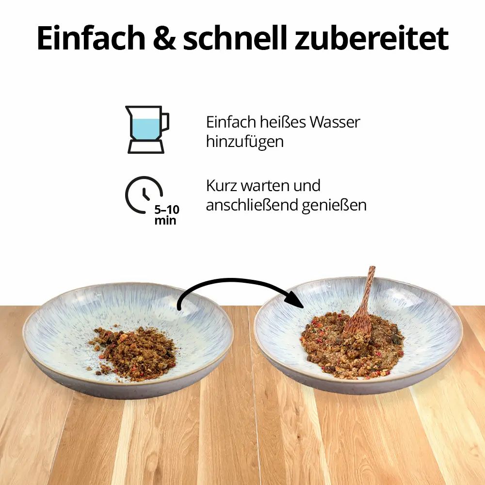 Zwei Schalen mit Speisen. Links: Mahlzeit vor Zubereitung. Rechts: Mahlzeit nach Zubereitung. Holzoberfläche.