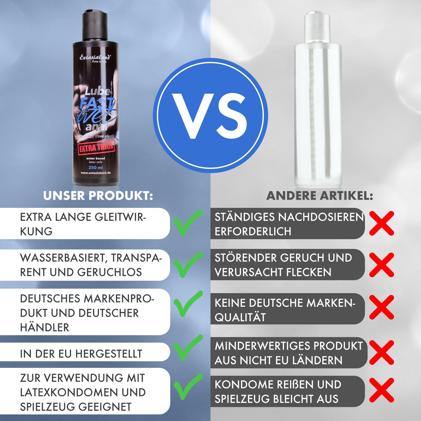 Vergleich: Unser Produkt (links) vs. andere Artikel (rechts) mit Häkchen und Kreuzen.