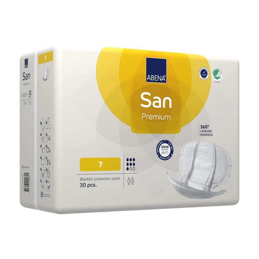 Packung ABENA San Premium Vorlagen. Aufdrucke: ABENA San, Premium, Größe 7, 30 Stück. Verpackung im Vordergrund.