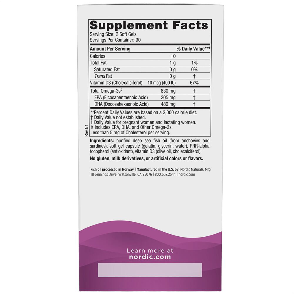 Supplement Facts Etikett mit Nährwertangaben für Fischöl-Softgels, 90 Stück.