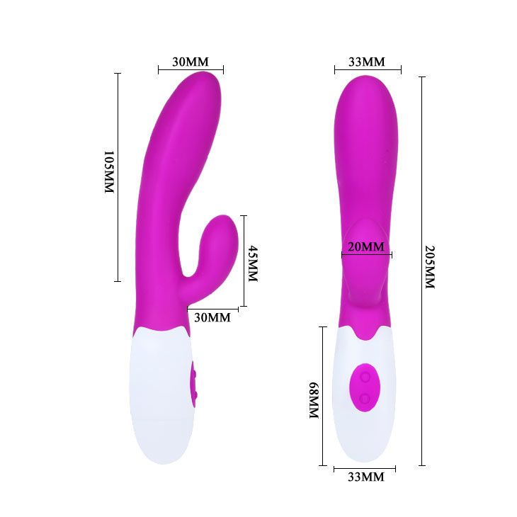 Lila Vibrator mit weißem Kopf. Zwei Knöpfe. Abmessungen: 105mm x 30mm x 45mm. Aus Silikon.