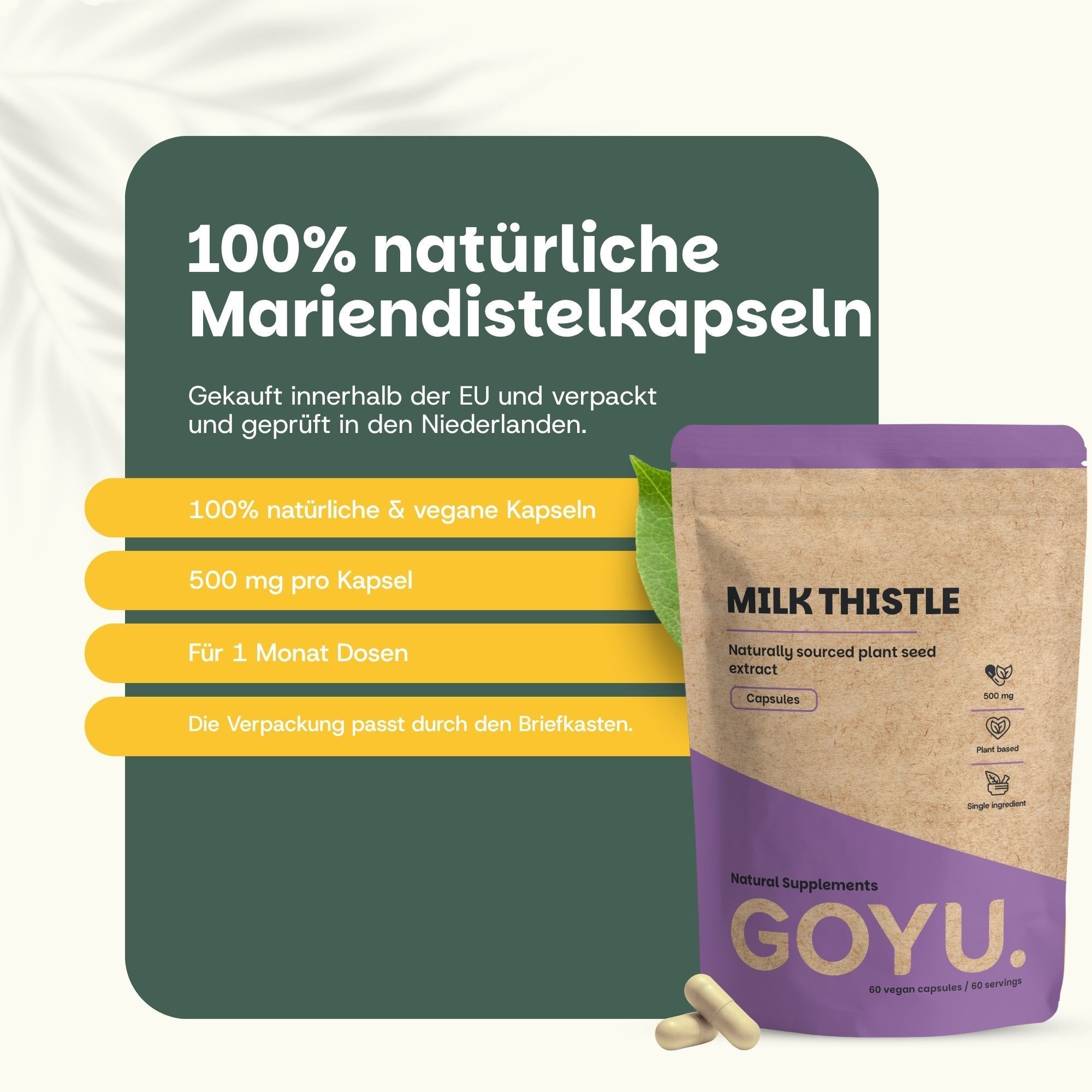 Packung mit GOYU Mariendistelkapseln, 60 vegane Kapseln, 500 mg pro Kapsel.