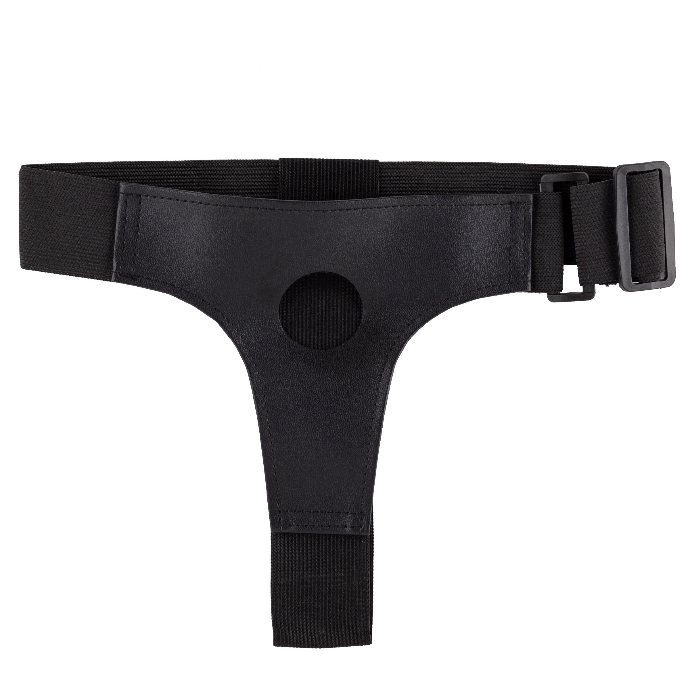Schwarzes Intim-Accessoire mit zentralem Loch und T-Form. Elastisches Band mit verstellbarem Verschluss.