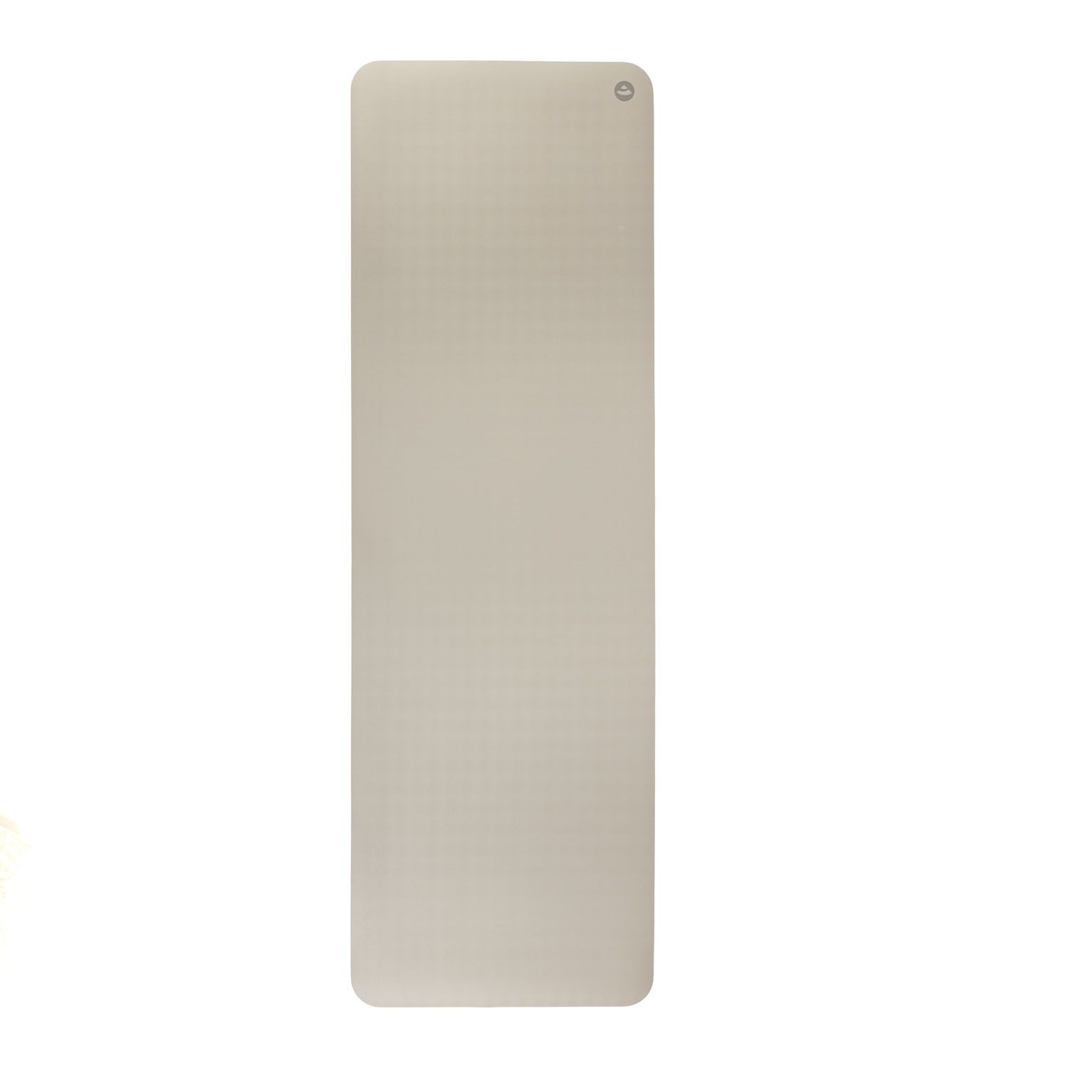 Beige Yogamatte, flach ausgebreitet. Rechteckige Form mit abgerundeten Ecken. Logo oben rechts.