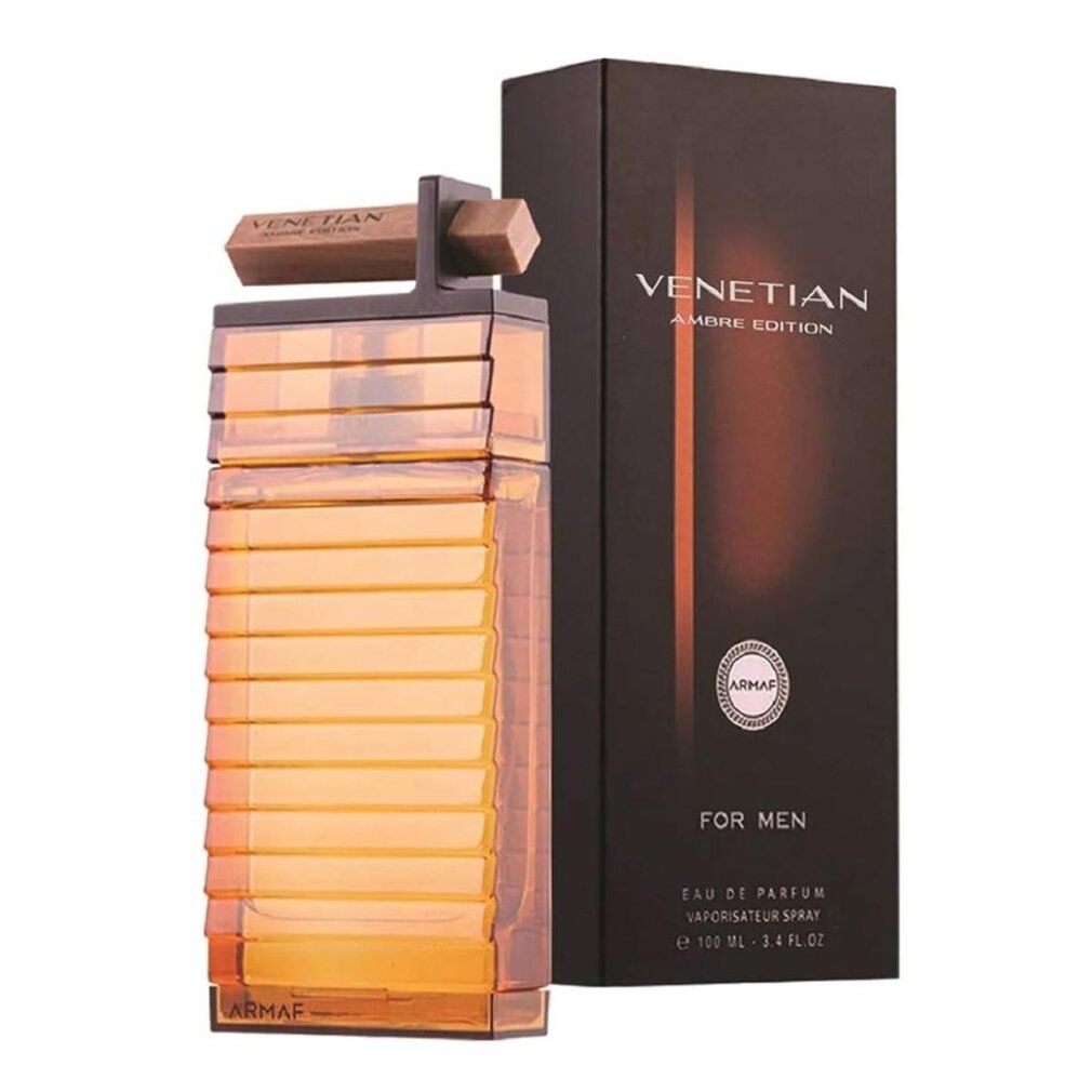 Parfümflakon und Verpackung. Flakon rechteckig, bernsteinfarben, mit Holzaufsatz. Verpackung schwarz mit goldfarbenem Text: Venetian Ambre Edition.