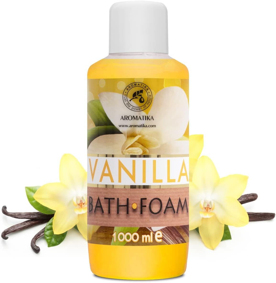 Gelbe Flasche mit weißem Deckel. Aufschrift: AROMATIKA, VANILLA BATH FOAM. Dekor: Vanilleblüten und Schoten.