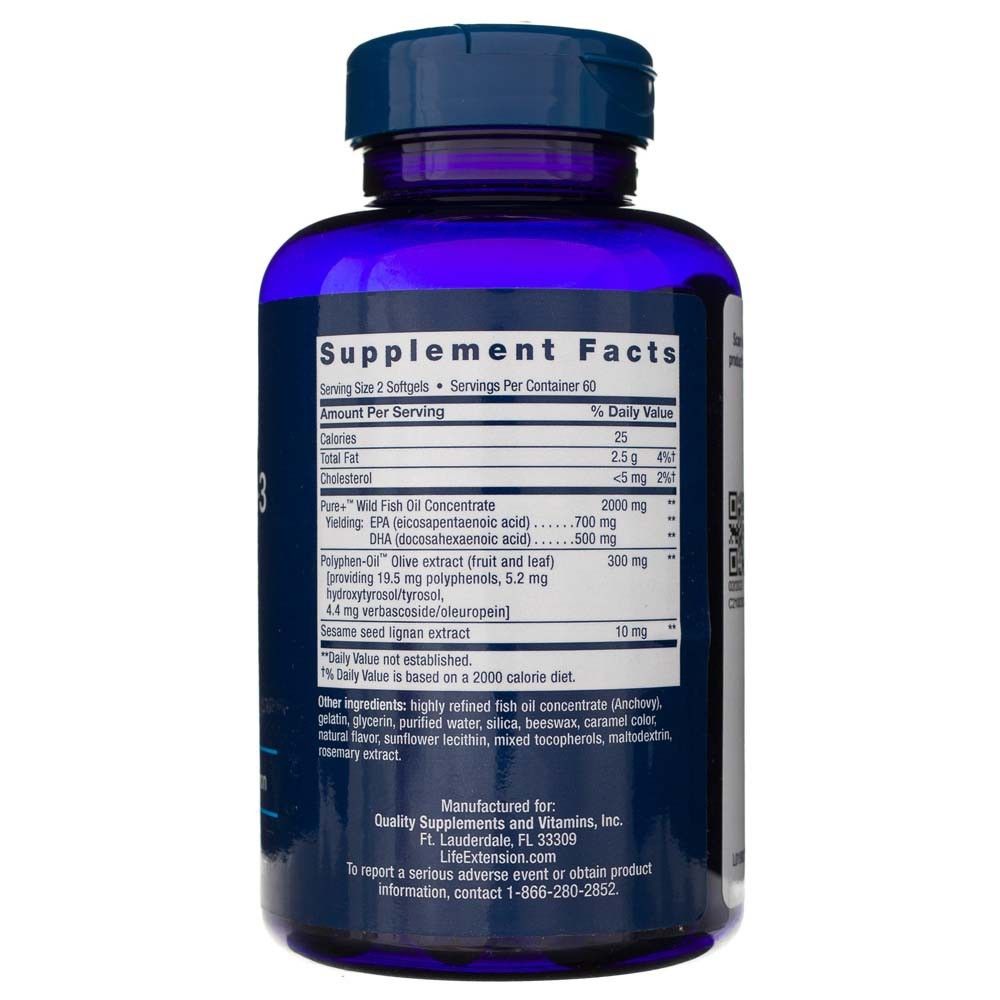 Rückseite einer Life Extension Super Omega-3 Flasche mit Nährwertangaben.