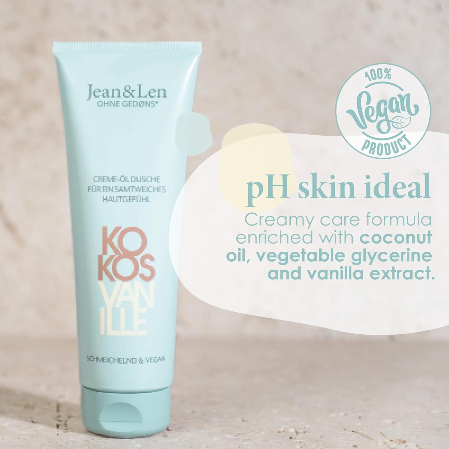 Hellgrüne Tube mit Produktnamen und Kokos-Vanille-Aufdruck. Text: pH-hautideal. Vegan-Siegel.