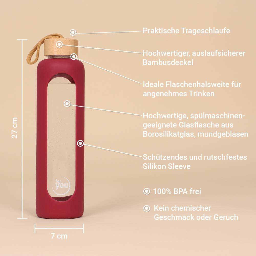 Nachhaltige Trinkflasche aus Borosilikatglas, 27cm hoch, 7cm breit, mit Silikonhülle und Bambusdeckel.