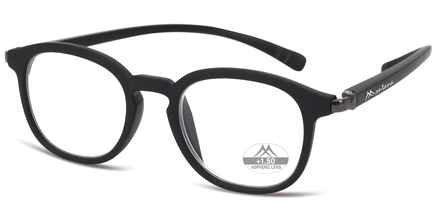 Schwarze Brille mit runden Gläsern. Auf einem Glas steht "+1.50 ASPHERIC LENS". Der Bügel trägt "Montana".
