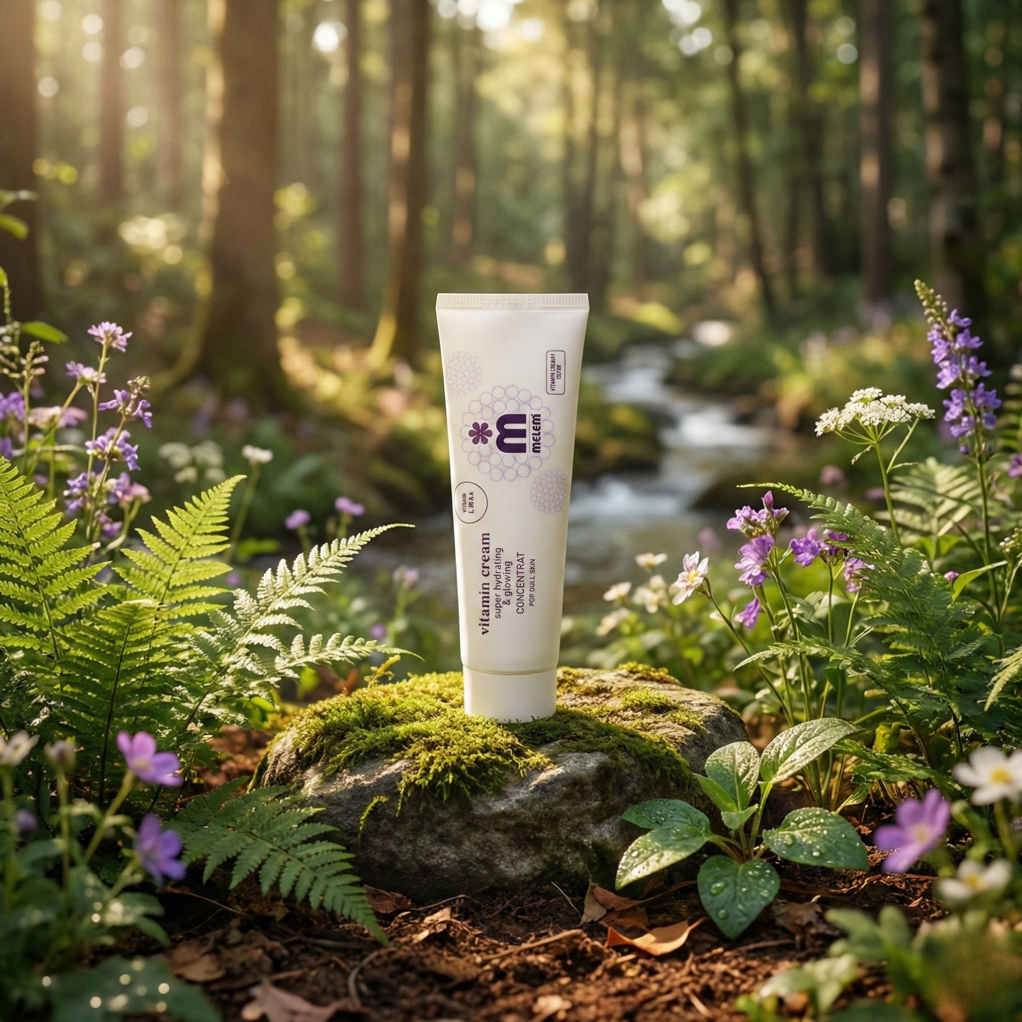 Creme-Tube auf einem Stein in einer Waldszene. Produktname und Logo sichtbar. Text: Vitamin Cream, super hydrating & glowing, CONCENTRAT.