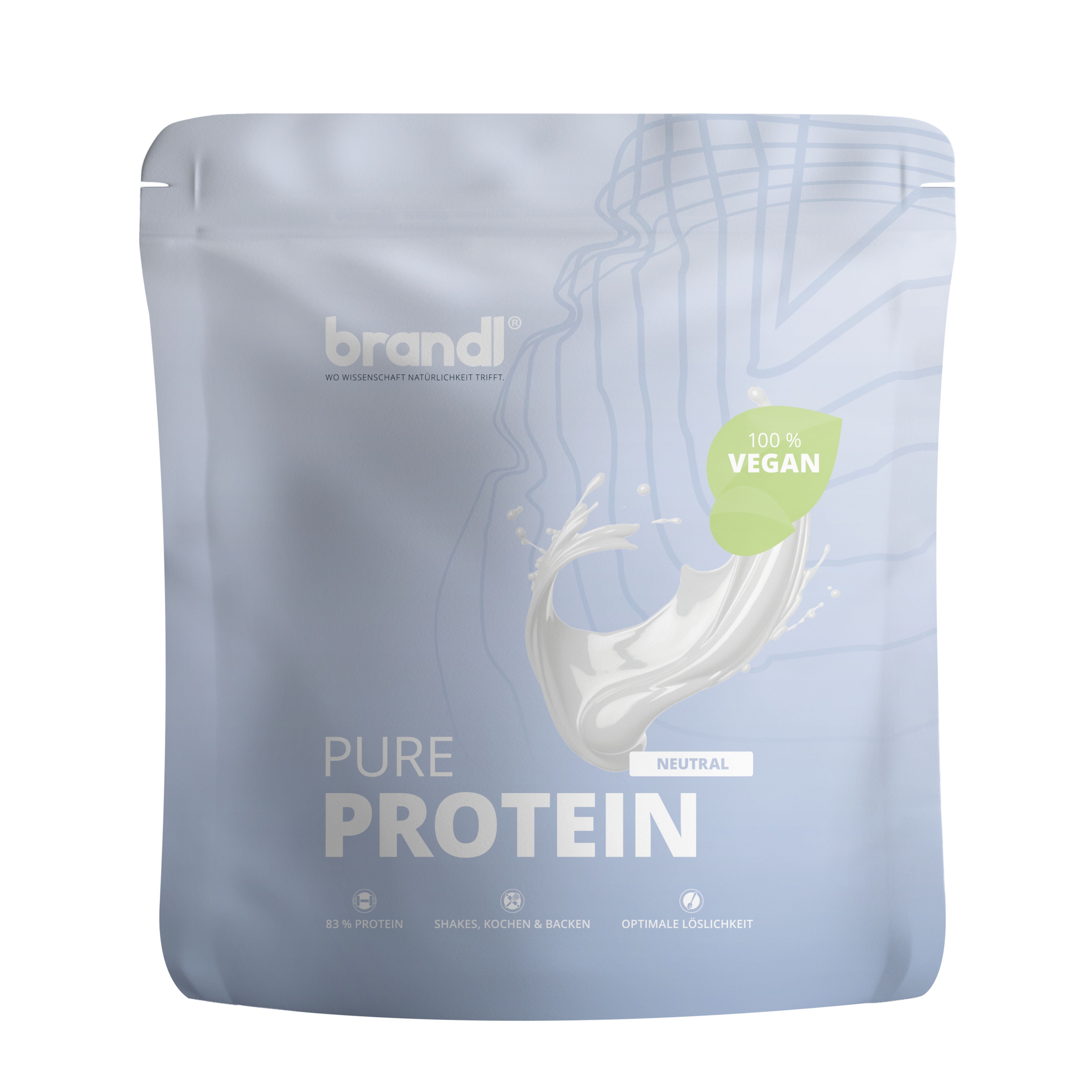 Beutel brandl® Pure Protein, weiß-grau, mit Logo und Text. Vegan-Siegel.