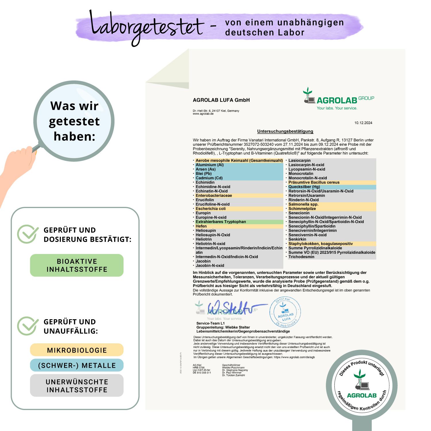 Laborzertifikat von AGROLAB LUFA GmbH. Bestätigung der Analyse von Inhaltsstoffen. Geprüft auf Bioaktive Inhaltsstoffe, Schwermetalle.