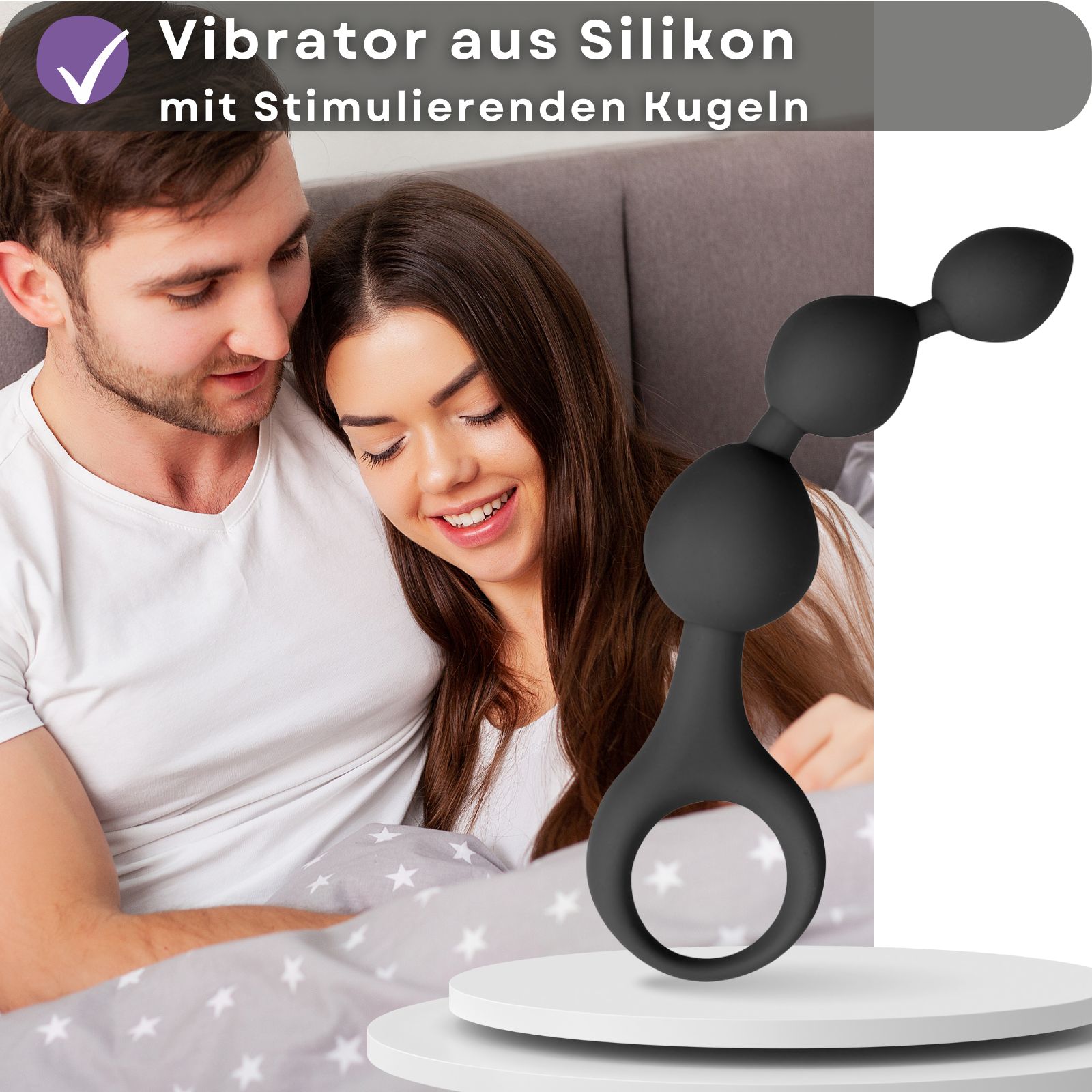 Produktabbildung mit Text: Vibrator aus Silikon mit stimulierenden Kugeln. Paar im Bett.