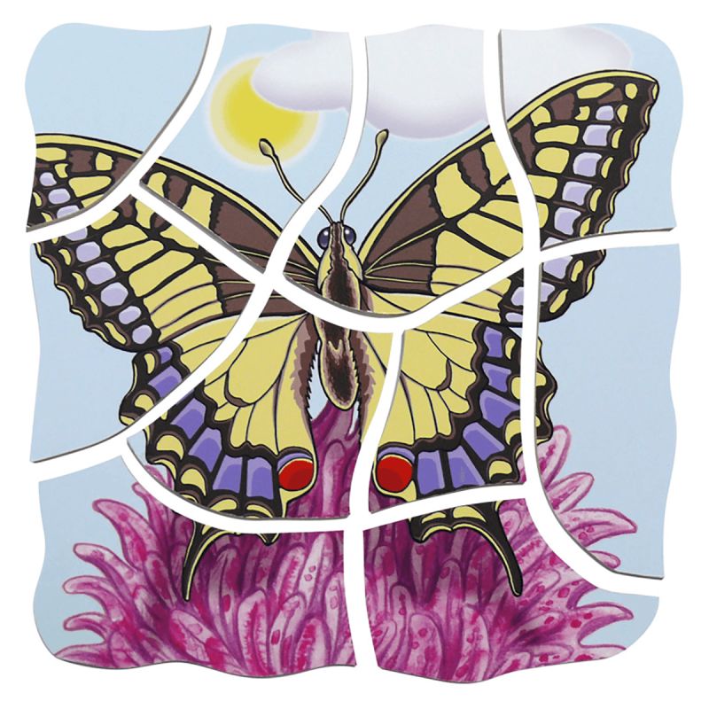 Puzzlespiel mit Schmetterling-Motiv. Holzrahmen, Schmetterling auf Blume, gelb, blau, rot. Marke: Beleduc.