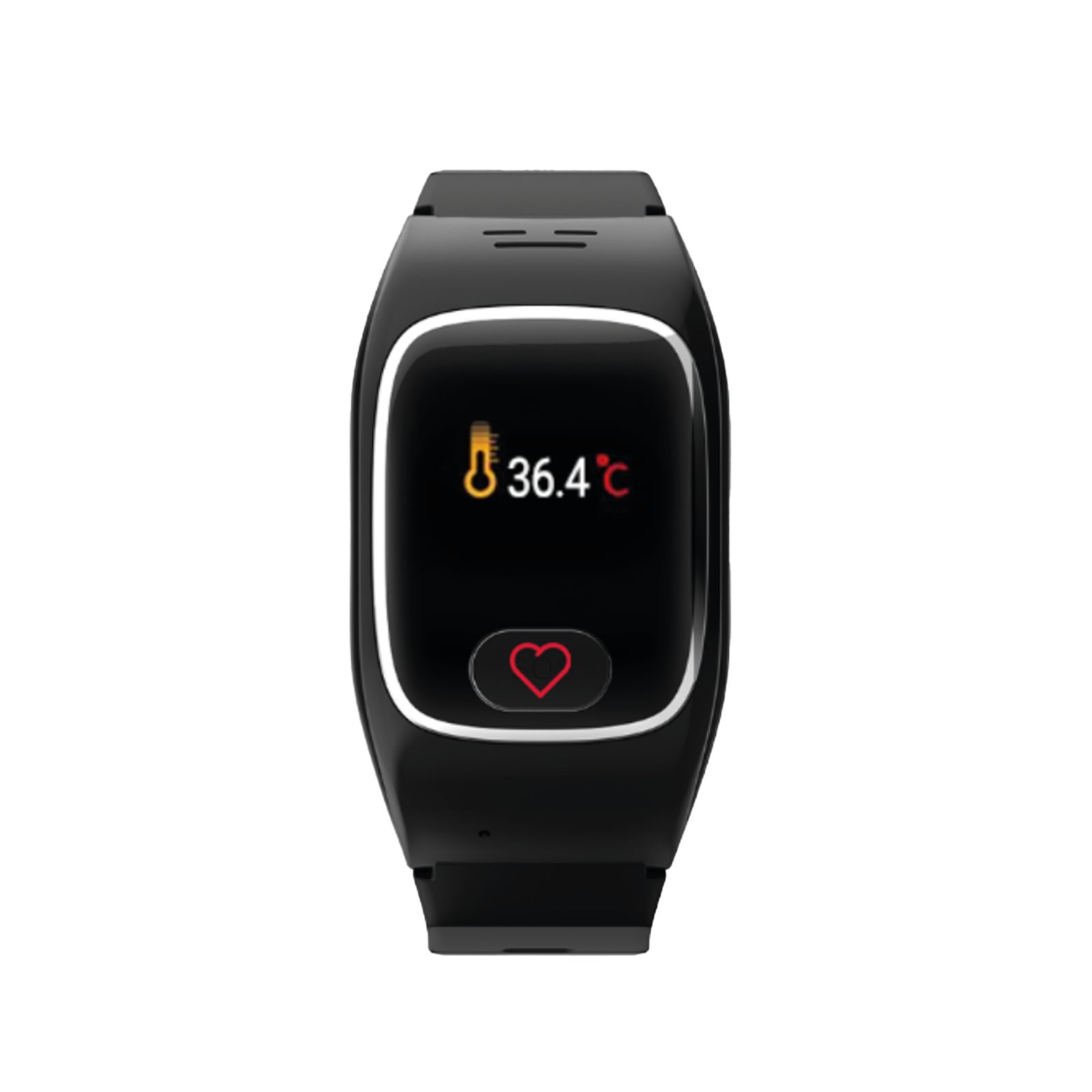 Smartwatch zeigt 36.4°C Körpertemperatur und ein Herzsymbol an.
