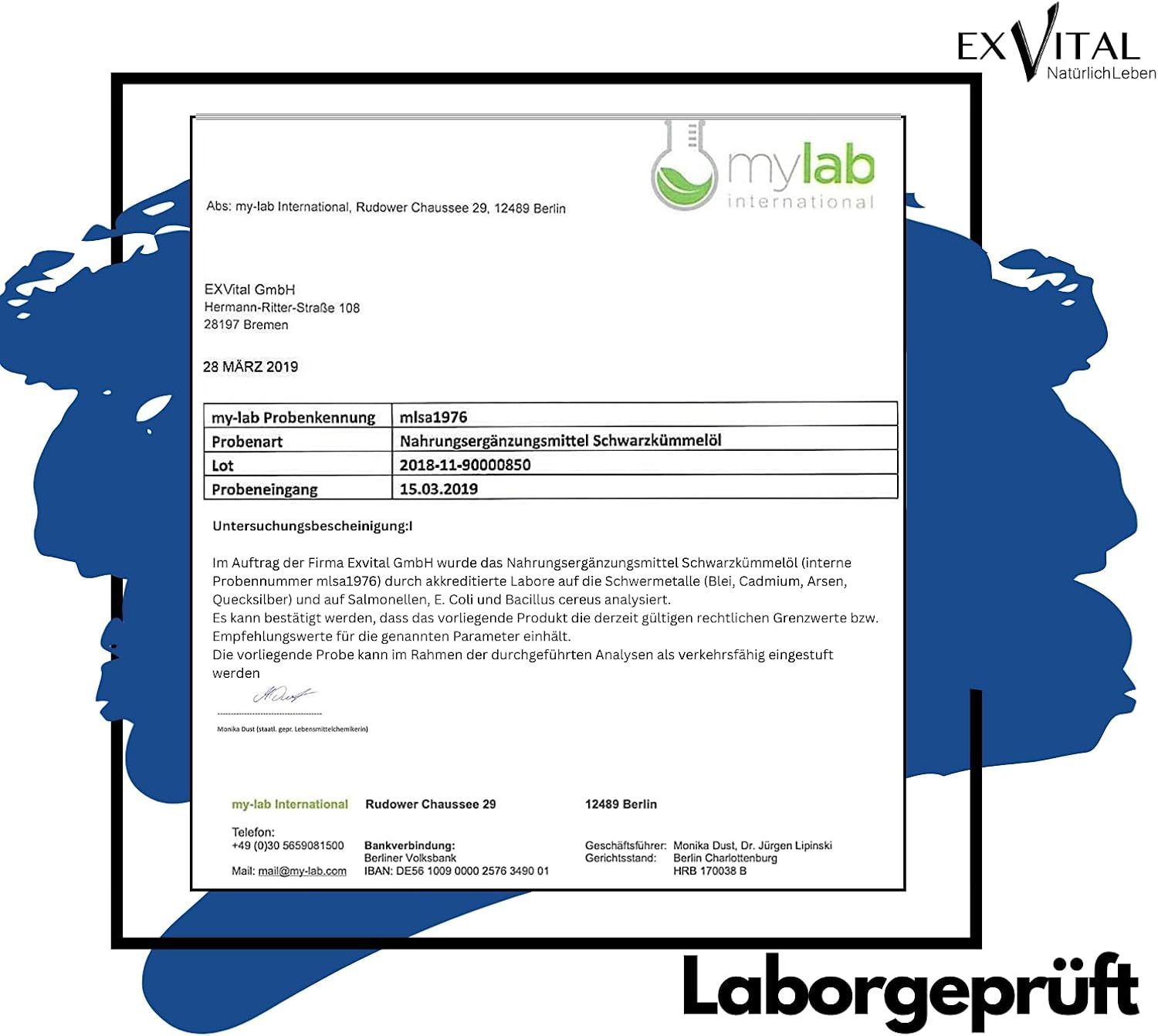 Laborbericht von mylab International. Analyse von Schwarzkümmelöl auf Schadstoffe. Logo: Laborgeprüft.