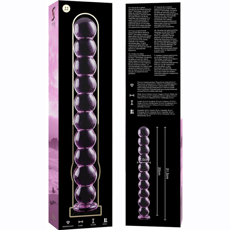 Produktverpackung mit Dildo aus Borosilikatglas. Abmessungen und Produktinformationen.