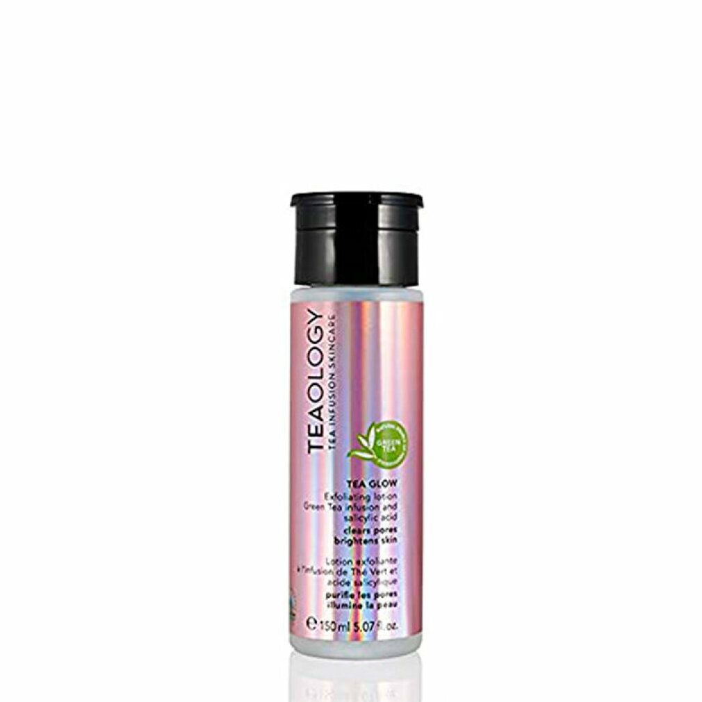 Teaology Tea Glow Exfoliating Lotion, 150ml Flasche mit schwarzem Deckel.