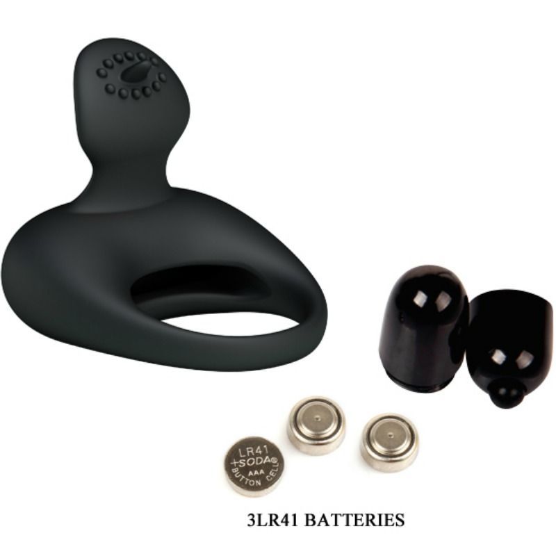 Schwarzer Vibrationsring mit Zunge. Enthält Batterien und zwei schwarze Kappen.