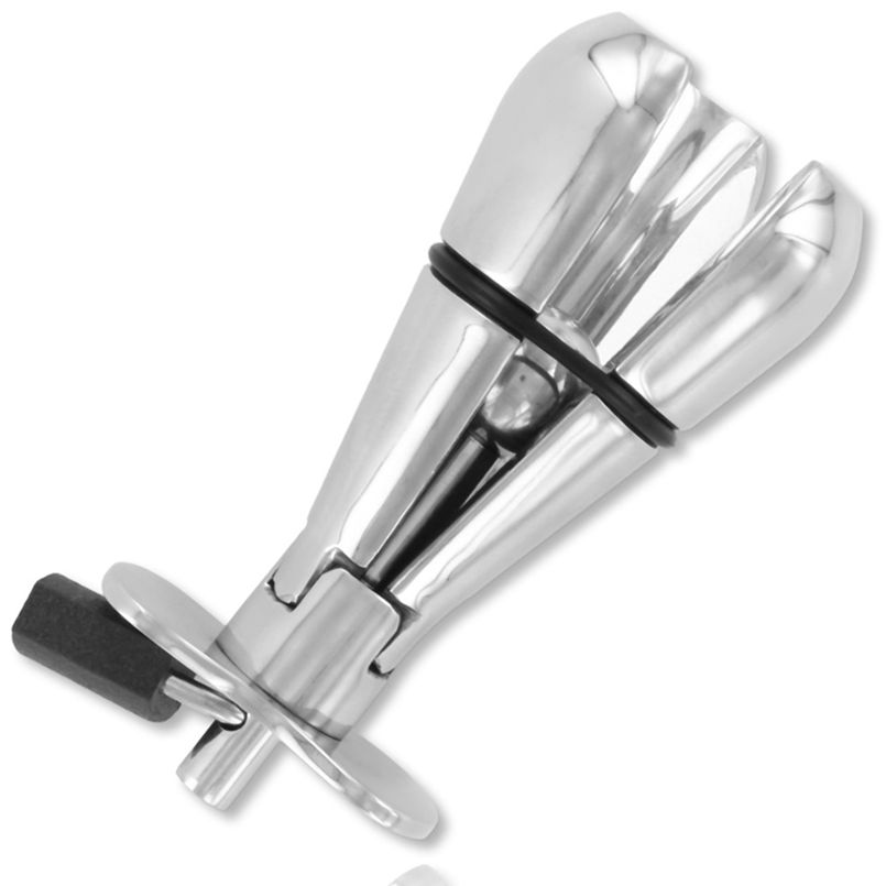 Metall-Analstecker mit Verriegelung. Silberfarbenes Metall, dreiteilig mit Kugel. Mit Verriegelungsmechanismus und Basis.