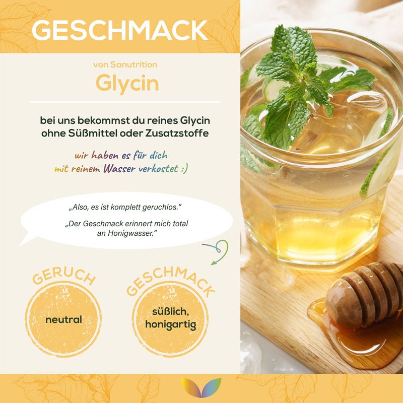 Glas mit Getränk, Minze und Eiswürfeln. Daneben Honig und Honiglöffel. Text: Glycin, Geschmack: süßlich, honigartig, neutral.