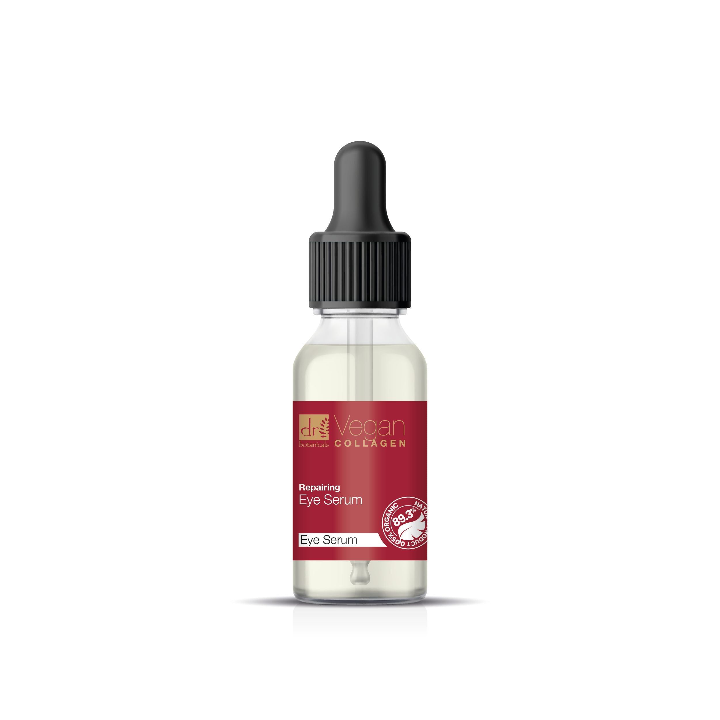 Klarflasche mit schwarzem Tropfer. Roter Aufkleber mit Text: Vegan Collagen Repairing Eye Serum.