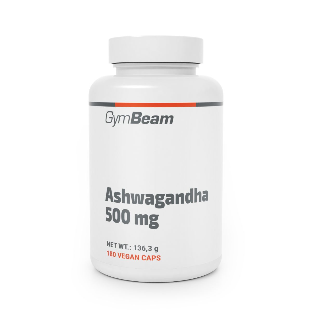 GymBeam Ashwagandha Kapseln: Weiße Dose mit rotem und grauem Streifen. Enthält 180 vegane Kapseln.
