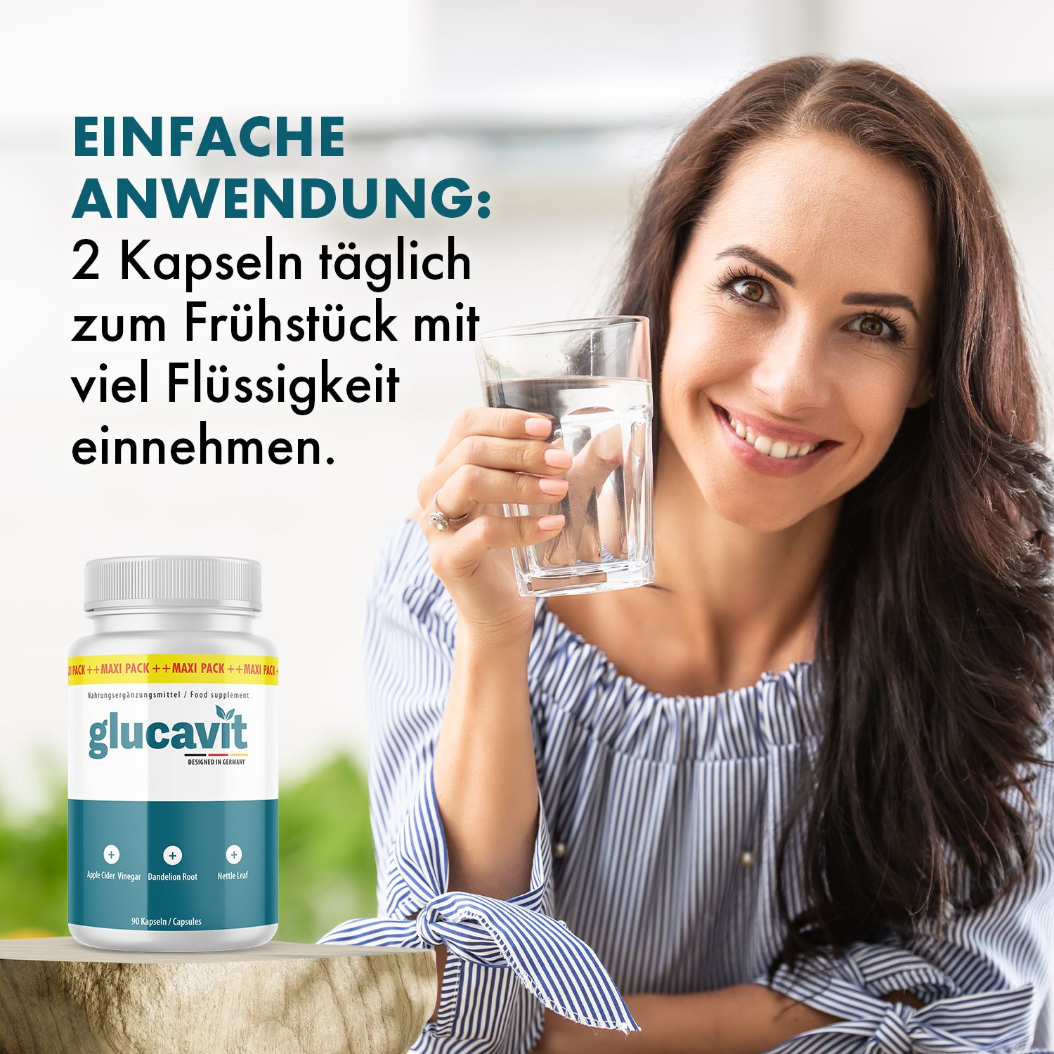 Frau hält Glas Wasser, daneben Flasche Glucavit Kapseln. Text: Einfache Anwendung: 2 Kapseln täglich zum Frühstück mit viel Flüssigkeit einnehmen.