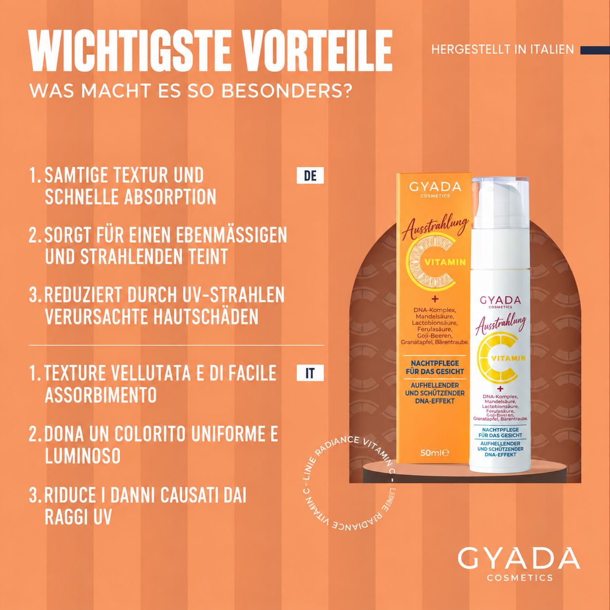 Vorteile der Gyada Cosmetics Radiance Vitamin C Nachtbehandlung auf Deutsch und Italienisch.