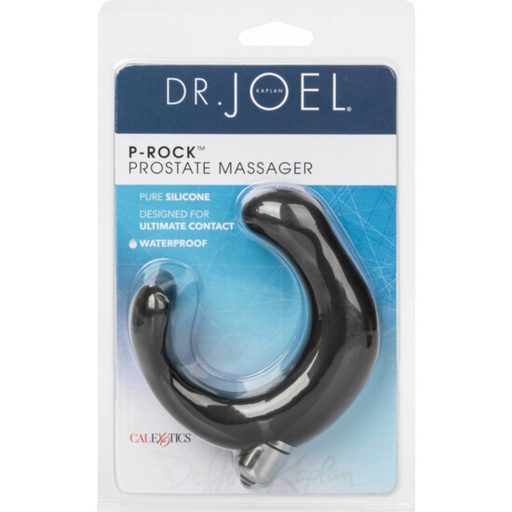 Schwarzes, gebogenes Produkt in Verpackung. Auf der Verpackung steht 'DR. JOEL' und 'P-Rock Prostate Massager'. Das Produkt hat eine silberfarbene Basis.