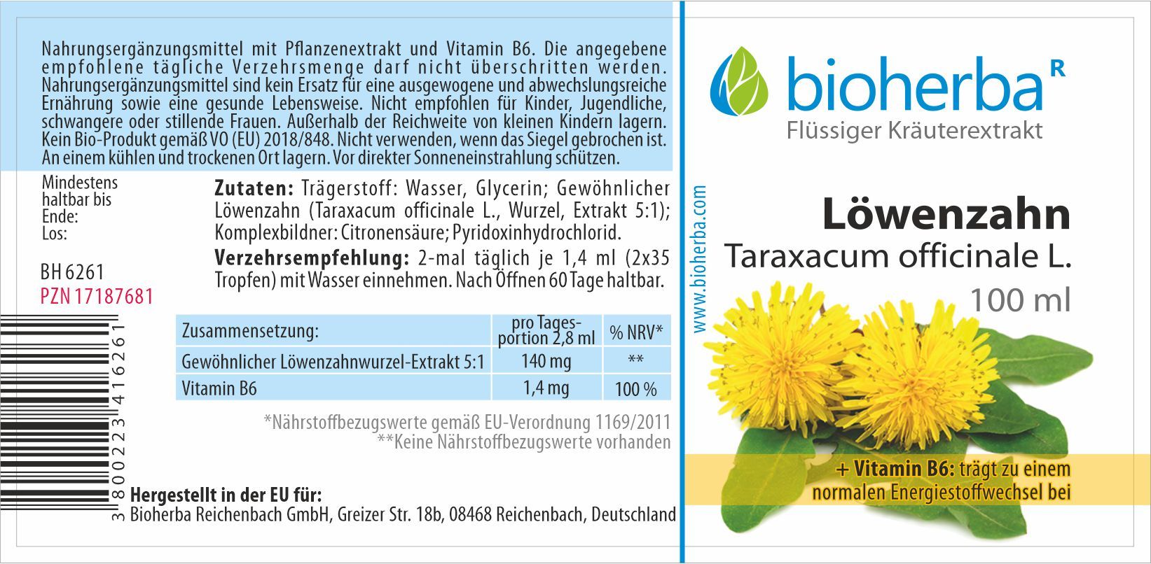 Etikett mit Produktinformationen. Bioherba Löwenzahn Tinktur. Zutaten, Verzehrempfehlung, Nährwertangaben. 100 ml.