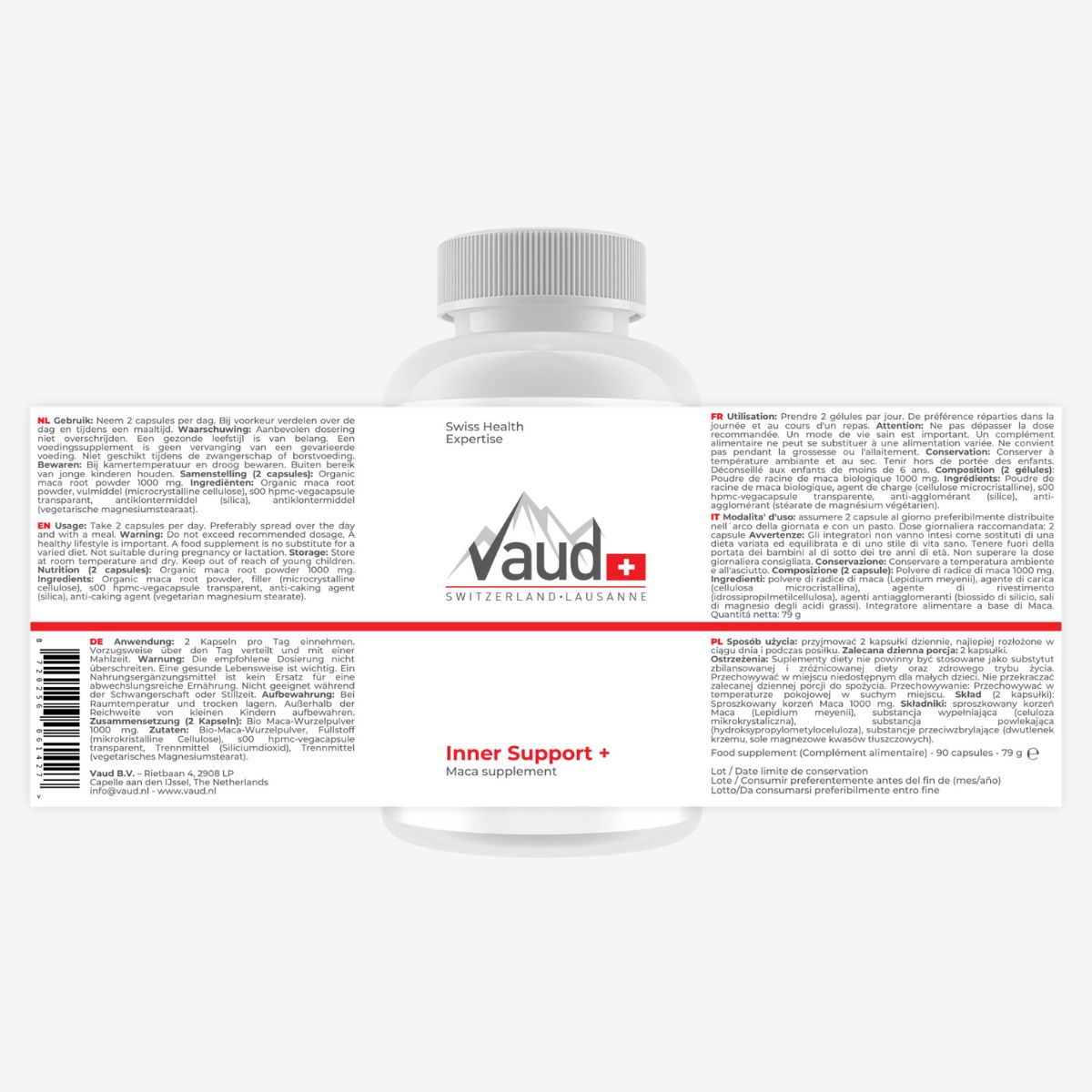 Rückseite der Flasche. Vaud Logo, Inner Support+. Text mit Inhaltsstoffen und Anwendung.