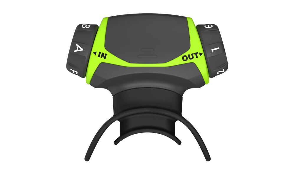 Atemtrainer, schwarz-grün, mit Mundstück. Auf dem Gerät sind Zahlen und die Schriftzüge 'IN' und 'OUT' zu sehen.