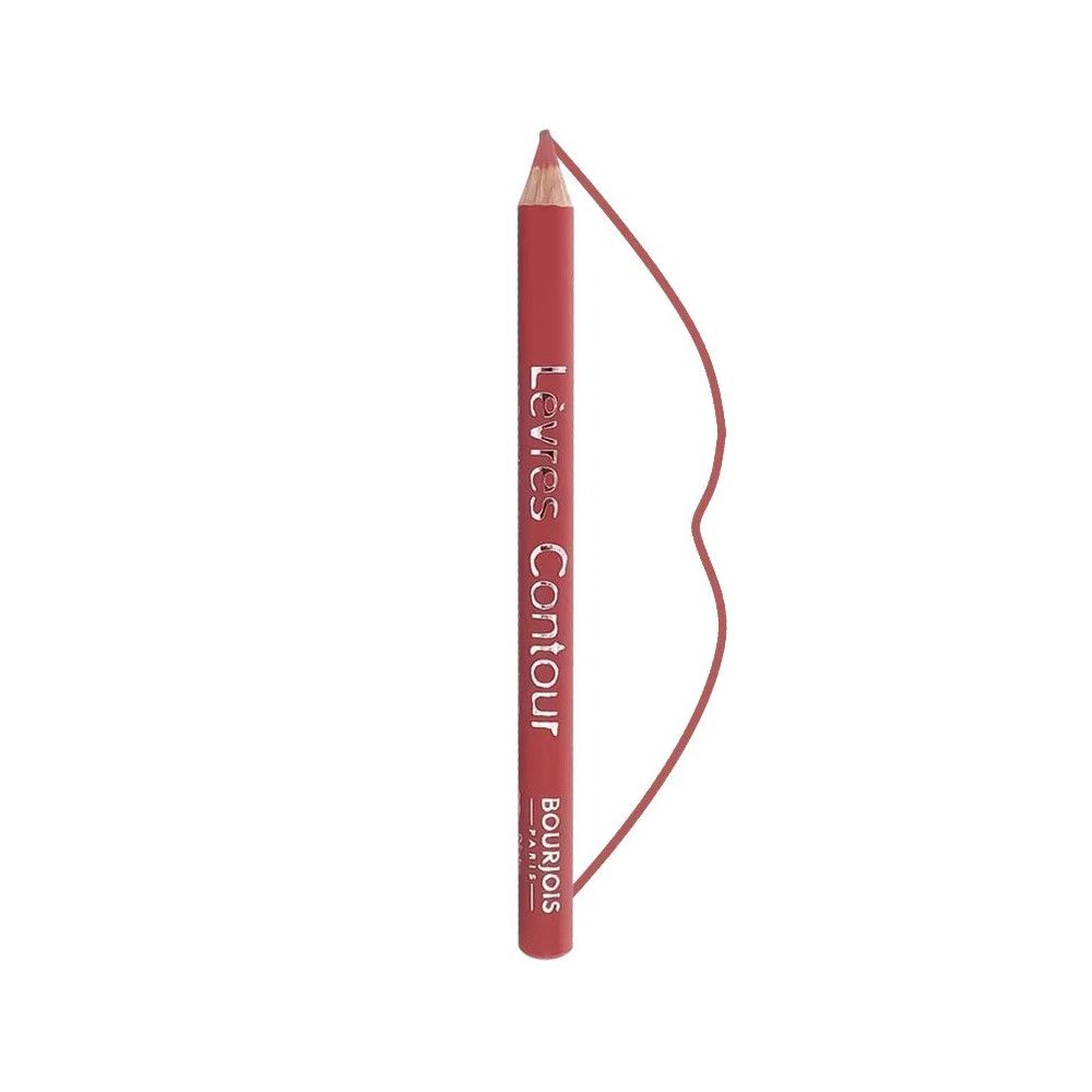 Lippenkonturenstift, rosa-rot. Aufschrift: Lèvres Contour, Bourjois Paris. Stiftspitze und Konturlinie sichtbar.